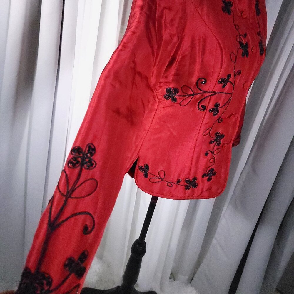 Carole Little Red 100% Silk Beaded Embroidered Statement Jacket Blazer Size S - Picture 6 of 16